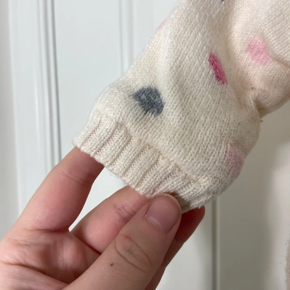 EUC Baby GAP girl’s cream pink gray polka dot hooded Pom Pom button sweater 3-6M